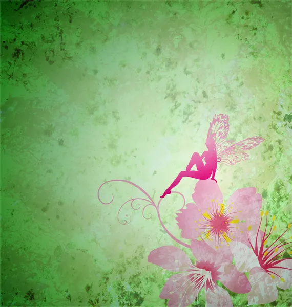 Růžové malá květinová víla na zelené jarní nebo letní grunge ba — Stock fotografie