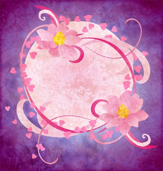 紫色の背景紙の上のグランジ ピンク花 — ストック写真