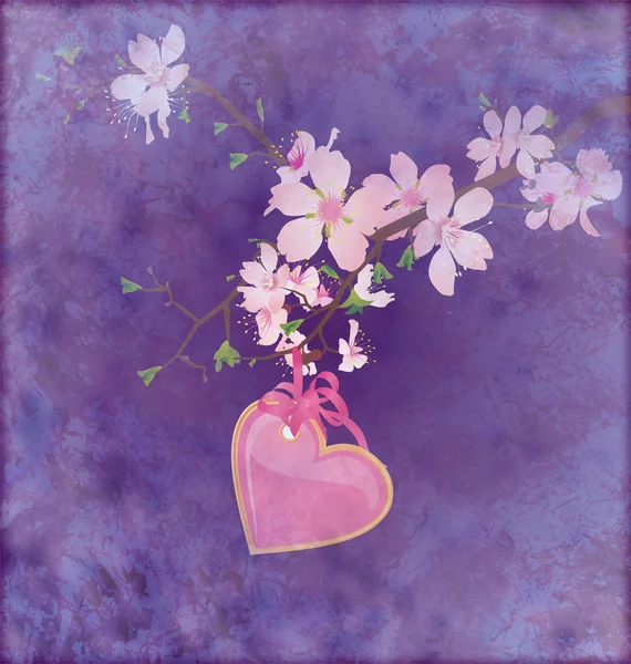 グランジ暗い bl に開花ツリー ブランチに掛かっているピンクのハート — ストック写真