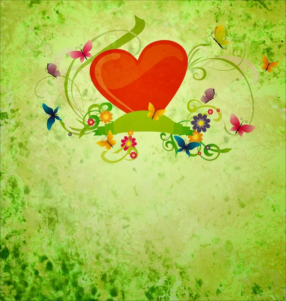 Red hear, banner scroll, butterflies and flowers on green gunge — Stock Photo, Image