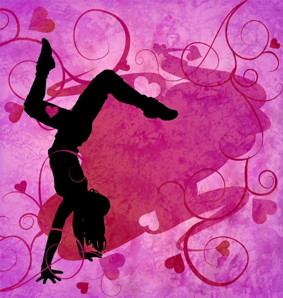Modern urban dancing woman on the grunge pink hearts background — Stock Photo, Image