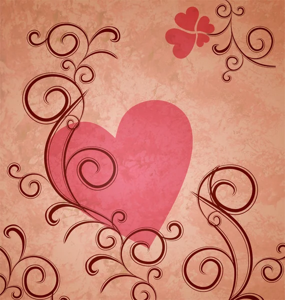 Roze hartje op bruin grunge papier achtergrond met bloeit en — Stockfoto