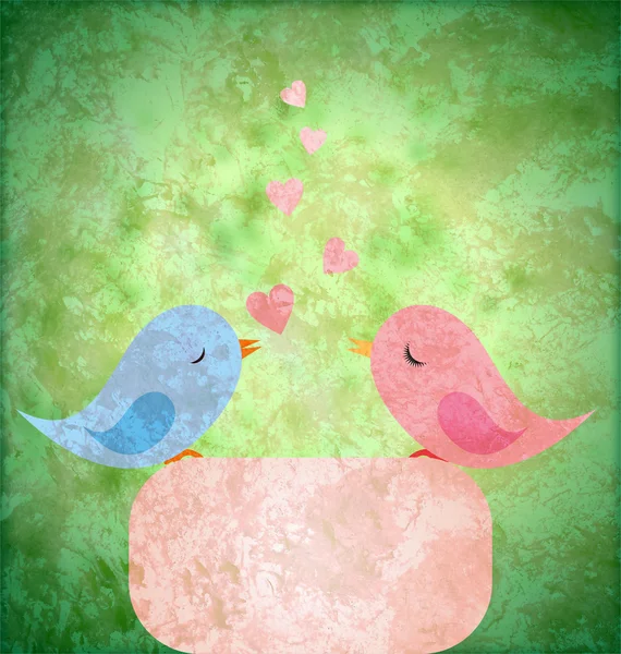 Uccelli blu e rosa innamorati su sfondo grunge carta retrò — Foto Stock