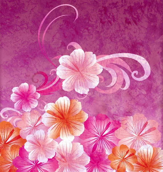 Pink flowers on dark pink background grunge illustration — Stock Photo, Image