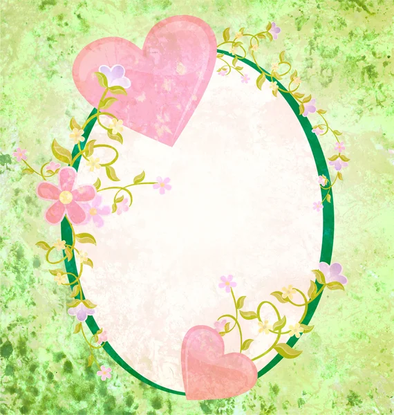 Roze harten liefde en romantiek ovale grunge groene frame met bloemen — Stockfoto
