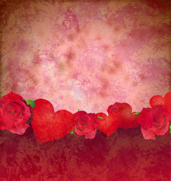 Grunge röda hjärtan och rosor gränsar röd bakgrund härlig backgro — Stockfoto