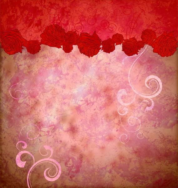 Grunge red roses and hearts border flourishes background idea fo — Zdjęcie stockowe