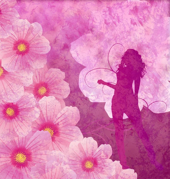 Grunge rosa cosmos flores y silueta de niña —  Fotos de Stock