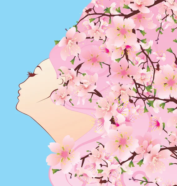 Güzellik kız profil bahar saç kiraz çiçekleri çiçek açması ile — Stok fotoğraf