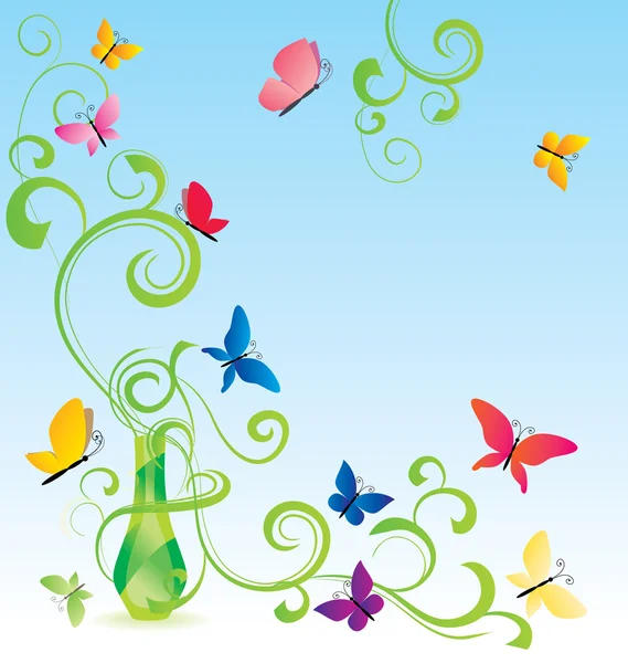 Flacon de parfum de printemps vert avec des fleurs et des papillons — Photo