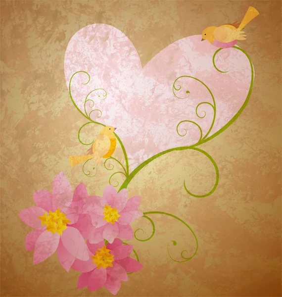 Vogels hou van roze bloemen en harten grunge illustratie — Stockfoto