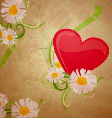 Red heart ans daisy grunge watercolor on dark paper background clipart