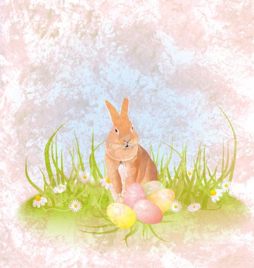 kahverengi tavşan veya çim Paskalya yumurtaları ve d ile oturuyor ve tavşan