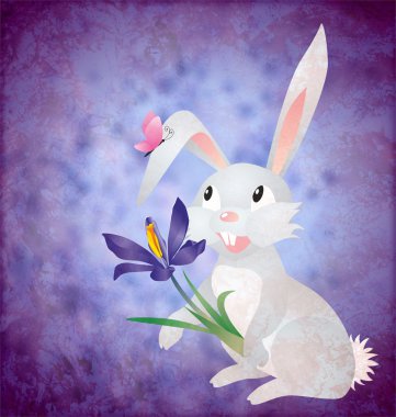 Easter rabbit with crocus flower on grunge paper blue background clipart