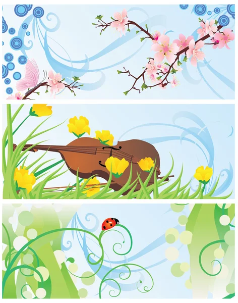 Jarní bannery s Kvetoucí strom, housle, květů a ladybi — Stock fotografie