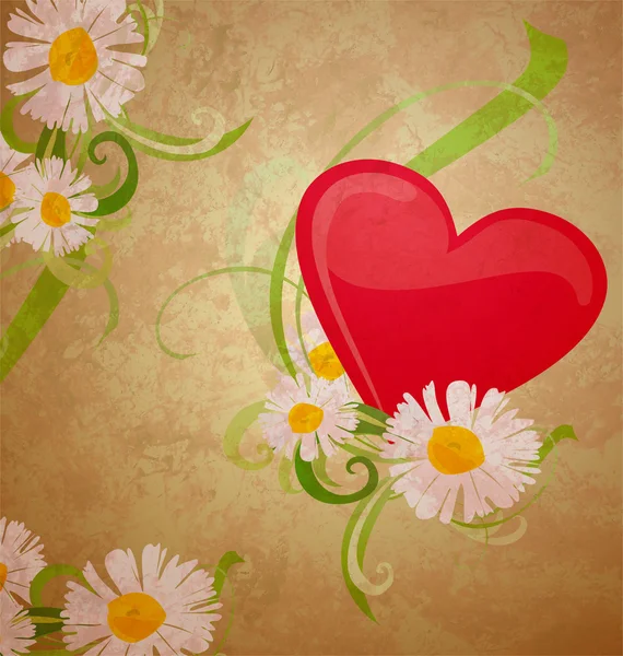 Červené srdce a daisy grunge akvarel na tmavé pozadí — Stock fotografie
