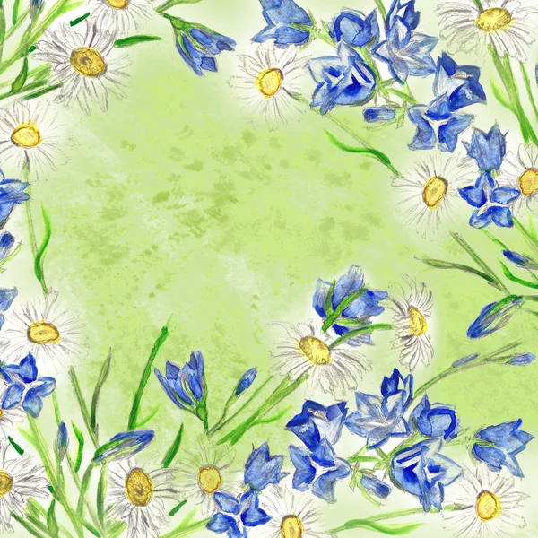 Bluebells and daisies watercolorsquare background — Stock Photo, Image