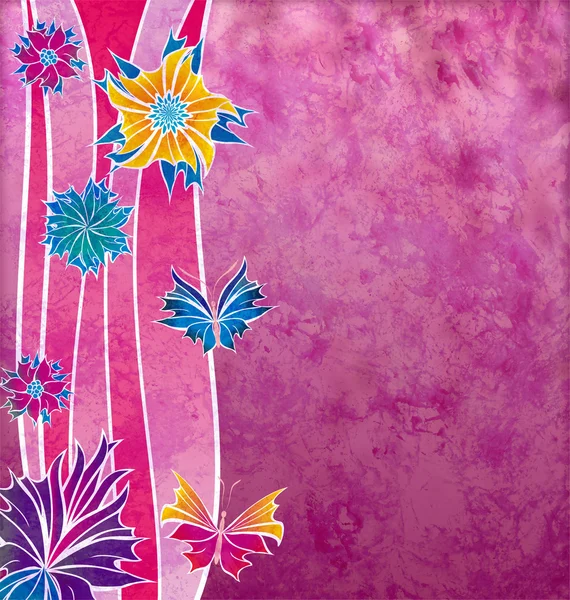 Dekorativní fialové květy s tvary vln a grunge efekt — Stock fotografie