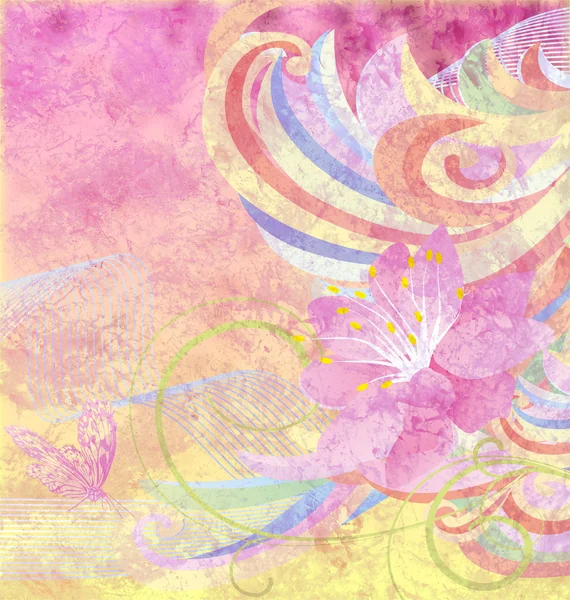ピンクと黄色のグランジ紙の上の曲線と抽象的なピンクの花 — ストック写真