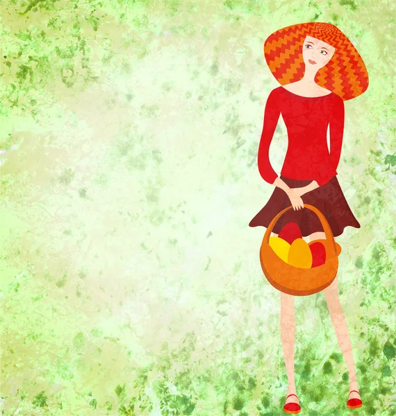 Красная молодая женщина с пасхальной корзиной на зеленой акварели backgroun — стоковое фото