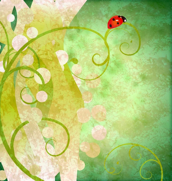 Green watercolor grunge background with red ladybird — Stock Photo, Image
