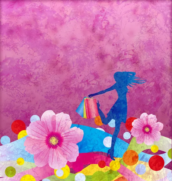 Весенние и летние продажи фон с цветами и женщина с шо — стоковое фото