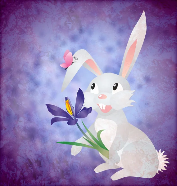 Conejo de Pascua con flor de azafrán sobre papel grunge fondo azul —  Fotos de Stock