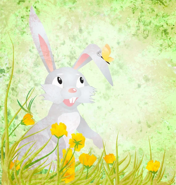 Conejo de Pascua con flores amarillas y mariposa sobre papel grunge — Foto de Stock