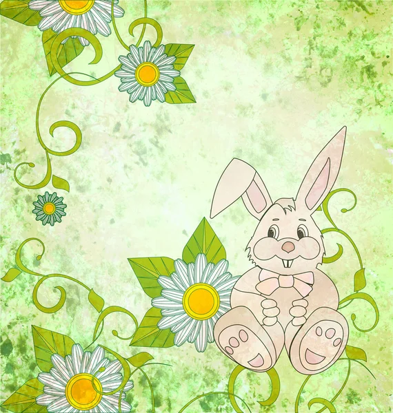 Cartoon rabbit with daisies on green grunge background — Stock Photo, Image