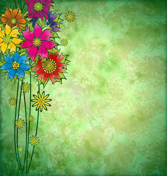 Kleurrijke grafische bloemen op grunge aquarel achtergrond — Stockfoto