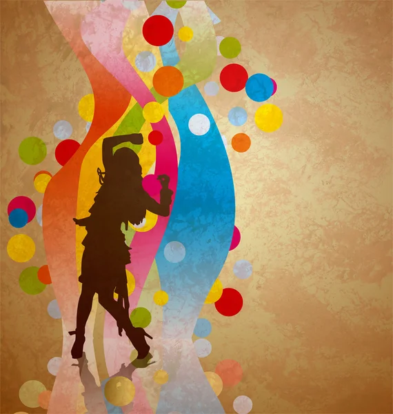 Renkli dalga geçmiş kadın silueti dans ile — Stok fotoğraf