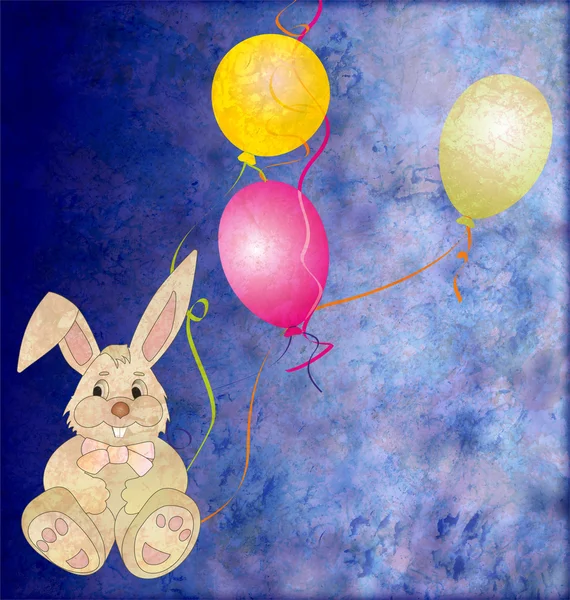 Bruin grijs speelgoed konijn met drie kleur ballonnen — Stockfoto