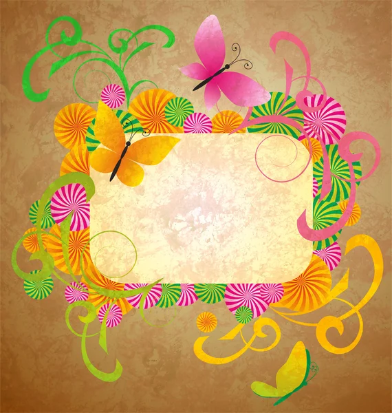 Старый бумажный фон с бабочками и цветет рамка — стоковое фото