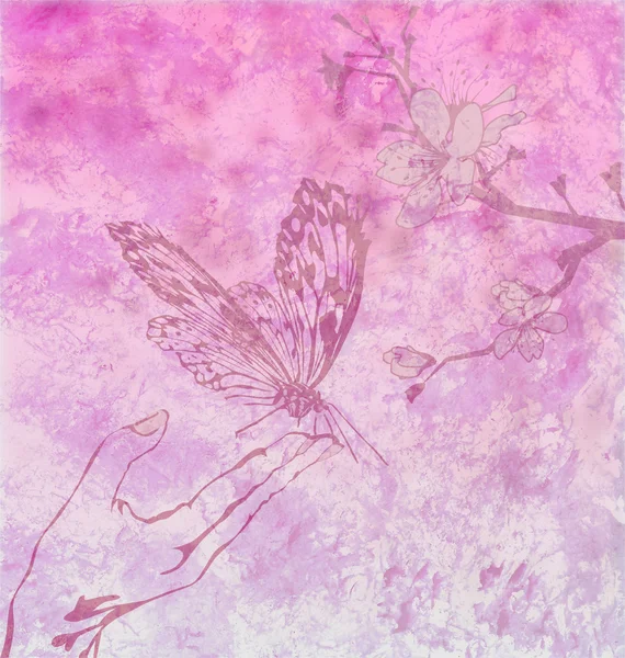 详细的蝴蝶与花卉装饰上洋红色背景 — 图库照片