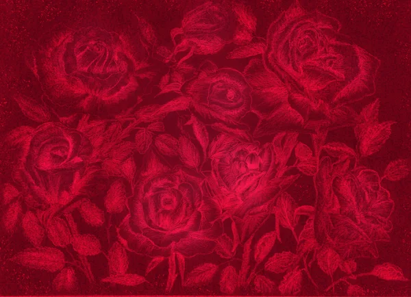 Vermelho rosas lápis desenhar escuro floral vintage fundo — Fotografia de Stock