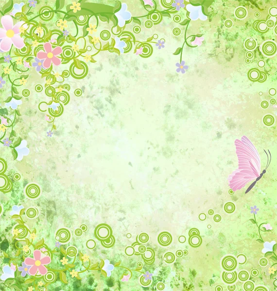 Green grunge background with colorful butterflies frame — Stock Photo, Image