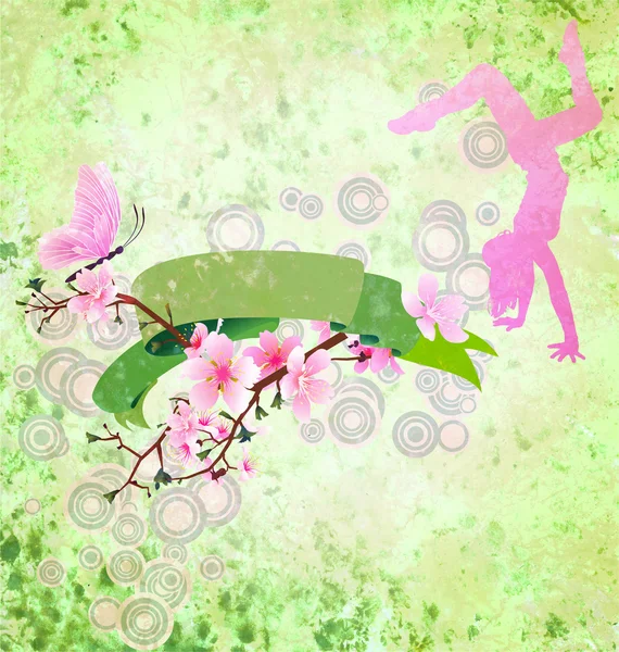 Άνοιξη κύλισης με sakura άνθος, πεταλούδα, χορεύοντας κορίτσι και g — Φωτογραφία Αρχείου