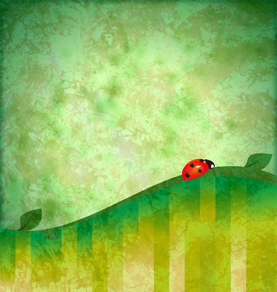 Green background grunge illustration with red ladybird — Stock Photo, Image