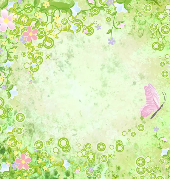 Grüner Grunge-Hintergrund mit bunten Schmetterlingen — Stockfoto