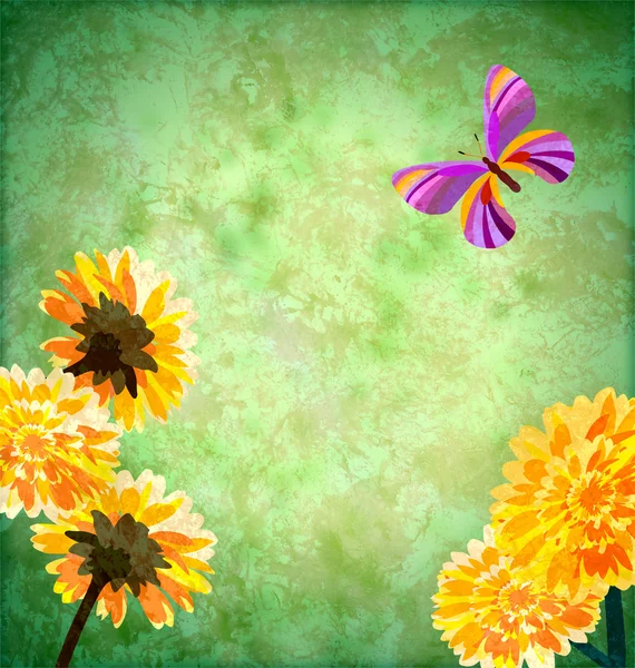 Fond vert avec fleurs jaunes et papillon — Photo