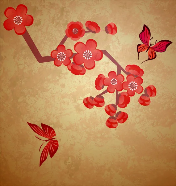 Blossoming tree illustration on grunge old paper background — Stock Photo, Image