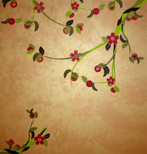 Blommande träd illustration på grunge gamla papper bakgrund — Stockfoto
