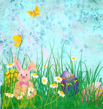 Easter rabbit with daisies flowers and butterfly on grunge paper clipart