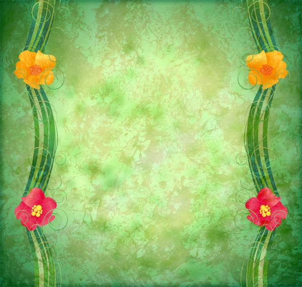 Green textured background with flowers border — Stock Photo, Image