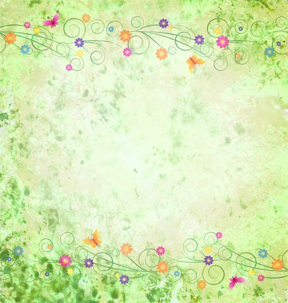 花の境界線を持つ緑の織り目加工の背景 — ストック写真