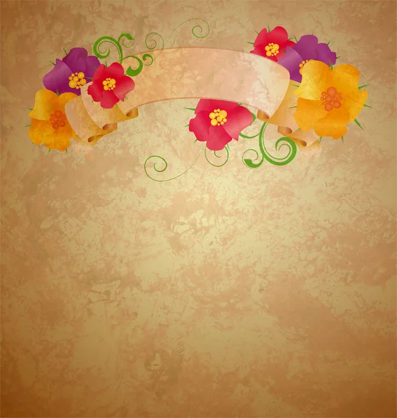 Colorful flowers with old scroll on gunge old paper background — Stock Photo, Image