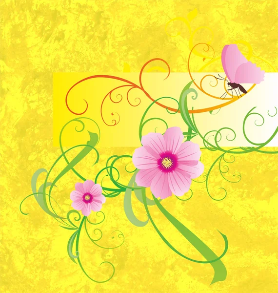 Желтый фон с розовыми цветами и баннером бабочки — стоковое фото