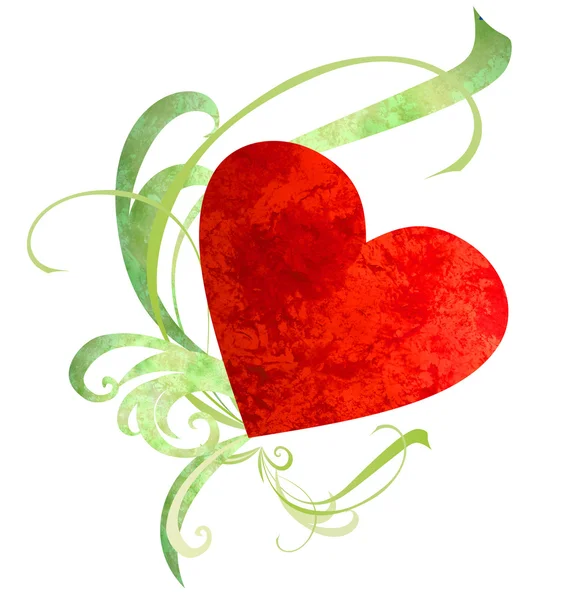Suluboya kırmızı kalp üzerinde beyaz izole yeşil florishes ile — Stok fotoğraf