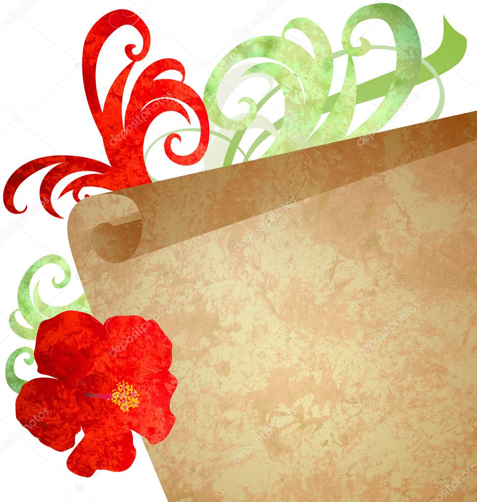 Red flower and old paper scroll watercolor illustration