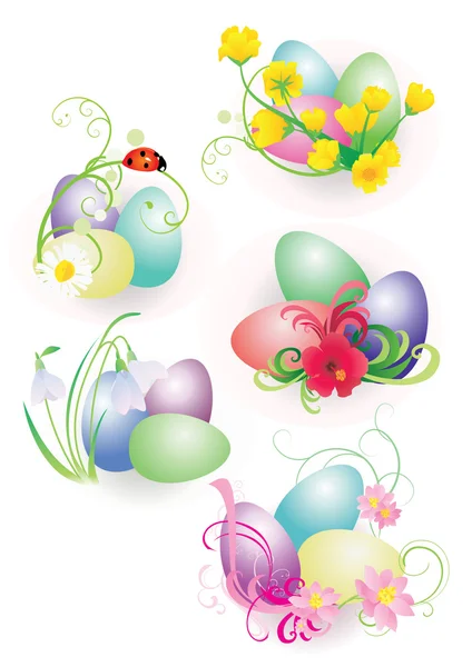 Jaja wielkanocne kolor kwiatów i biedronka zestaw na białym tle na Zielone Świątki — Zdjęcie stockowe